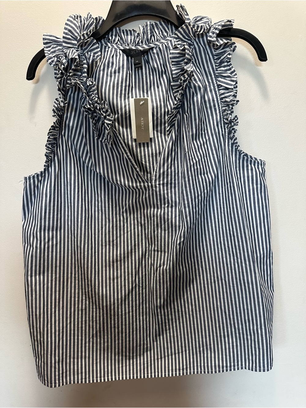 J. Crew Navy and White Striped Ruffle V-Neck Sleeveless Top